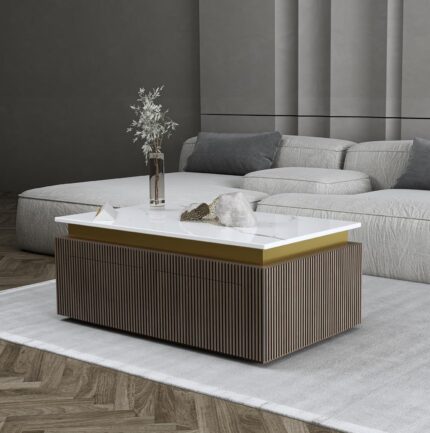 PAAM WOOD Luxury Marble-Top Wooden Center Table for Living Room | Louvers | Modern Entryway Furniture | Coffee Table