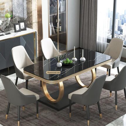 PAAM WOOD 6-Seater Dining Table with Marble Top and PVC Golden Wooden Base | Includes 6 Fabric Upholstered Chairs