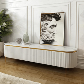 PAAM WOOD Mazzo Modern TV Unit/Console – 70"x15"x18" White Marble Top with Golden Acrylic, Waterproof Plywood & Charcoal Louvers – Media Cabinet | Modern TV Stand Console Without Storage