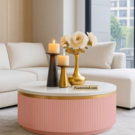 PAAM WOOD Modern Round Centre Table – 76x76x46 cm | White Marble Top with Gold Accent Strip & Charcoal Louvers | Luxury Coffee & Tea Table for Living Room, Lounge & Entryway