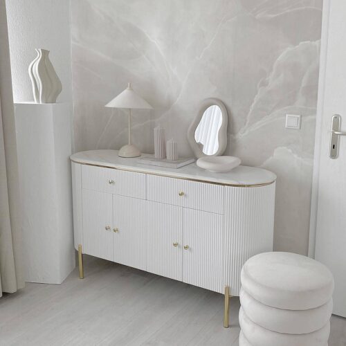 PAAM WOOD Modern Console Table, 55 x 15 x 30 inch, White Ribbed Design, Marble Top, Gold Accents, 4-Door Storage Cabinet, Waterproof Plywood, PVD-Coated Legs, Elegant Entryway or Living Room Console photo review