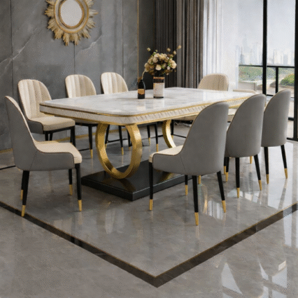 8 seater marble top dining table gray cream with 8 chairs