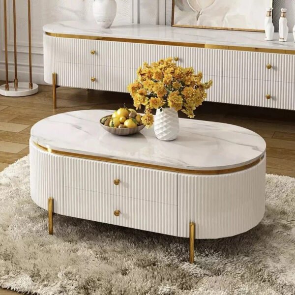 Tesla Centre Table with Marble Top Gold Accents Drawers