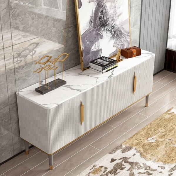 Sonic Console Table with Marble Top Charcoal Louvers Gold Accents
