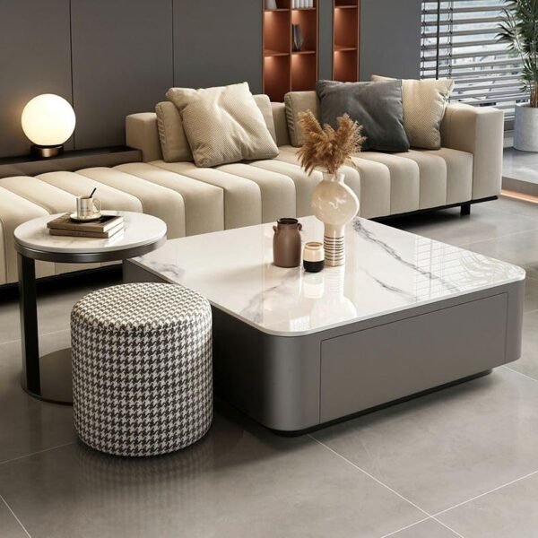 Romi Centre Table with Marble Top Gold Accents Drawer