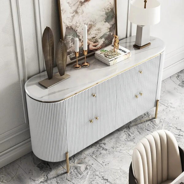 Modern Console Table with Ribbed Marble Top Four Door