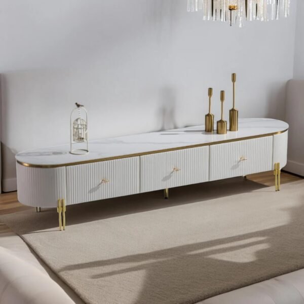 Mazzo White Marble TV Unit Console with Gold Accents