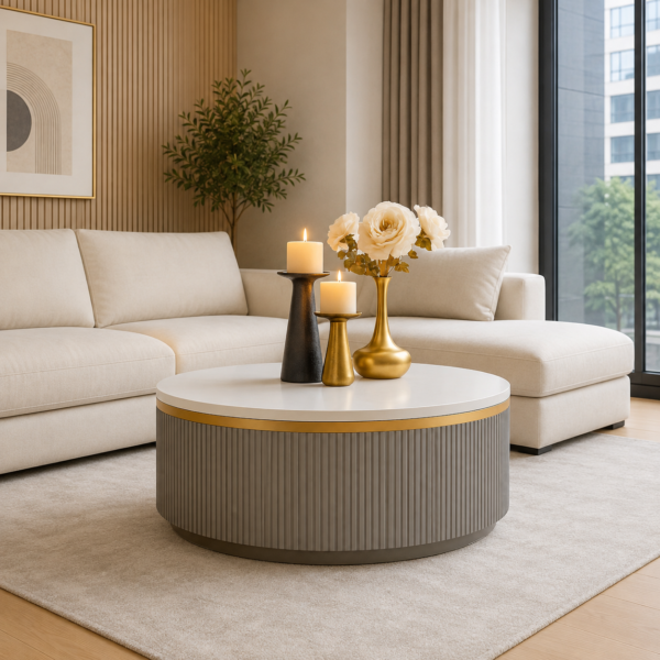 Modern Round Centre Table with Marble Top Gold Accents