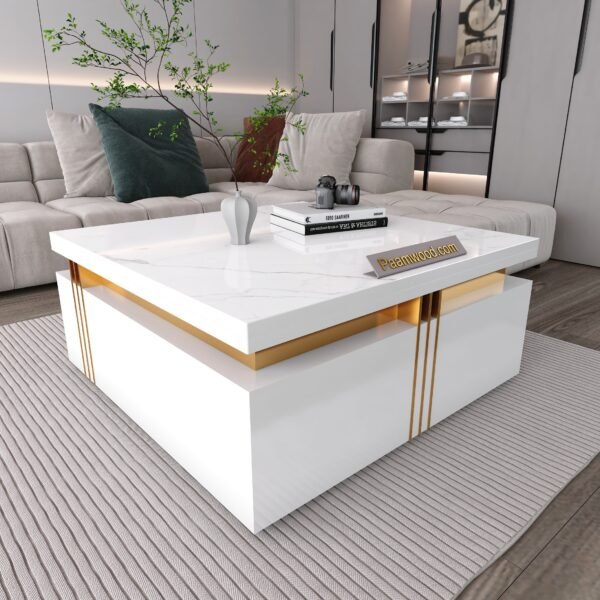 Marble Top Wooden Centre Coffee Table with Drawer Modern Design