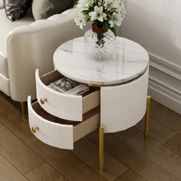 PAAM WOOD Spain Bedside Table with 2 Drawers, 18x18x18 Inch, Round Sintered Marble Top, Gold Metal Legs & Handle, Waterproof Plywood Body, Modern Side Table for Sofa/Bedroom