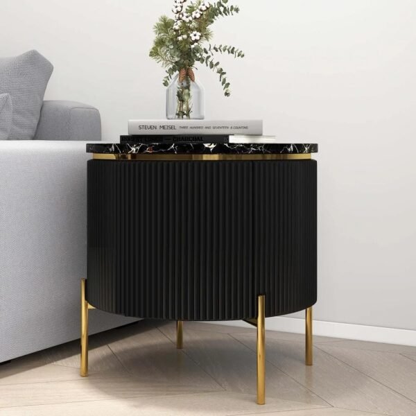 PAAM WOOD Modern Side Table with Marble Top, Fluted Design, Gold Legs, 18"x18"18" | Charcoal Louvers, Gold PVD Legs, Waterproof Plywood – Contemporary Accent Sofa/Bedside Table (Black)