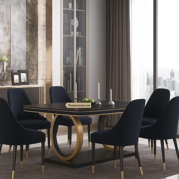 PAAM WOOD 6-Seater Dining Table with Nano Composite Marble Top and PVC Golden Wooden Base |3yr Warranty - Includes 6 Fabric Upholstered Chairs (Black)