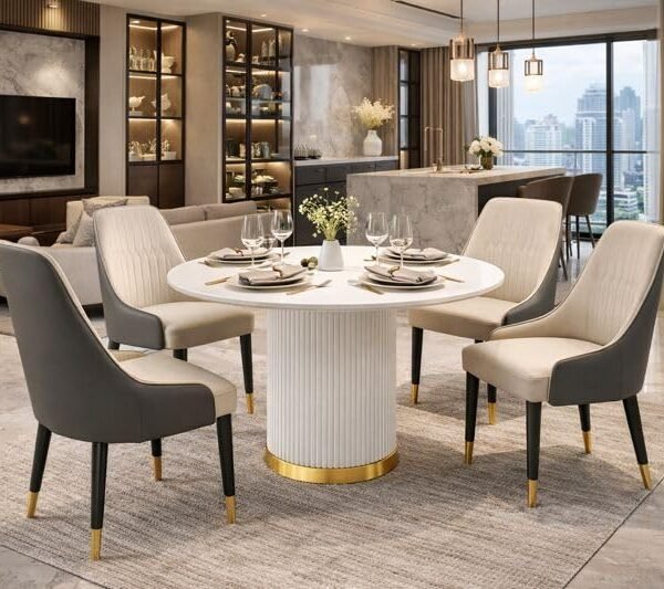 PAAM WOOD 4 Seater Dining Table Set with 4 Chairs, Round Marble Dining Table (91x91x76 cm) – White Marble Top, Solid Wooden Base, Upholstered Chairs with Sheesham Wood Legs