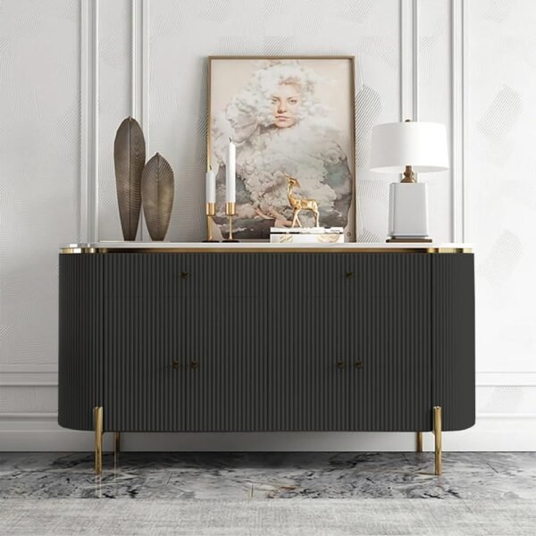 PAAM WOOD Modern Console Table, 55 x 15 x 30 inch, White Ribbed Design, Marble Top, Gold Accents, 4-Door Storage Cabinet, Waterproof Plywood, PVD-Coated Legs, Elegant Entryway