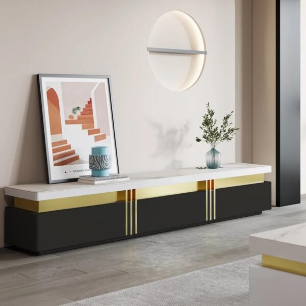 PAAM WOOD Luxury Joyce Modern TV Unit/Console – 70" Naino Compsit Marble Top, 3 Drawer Storage – White & Gold Finish – Scratch Resistant, Waterproof Plywood – Living Room Media Cabinet