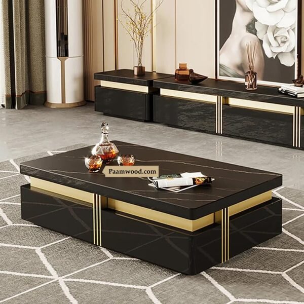 PAAM WOOD Premium Marble-Top Wooden Center Table With Drawer for Living Room | Luxury Modern Coffee Table | Contemporary Design Craftsmanship