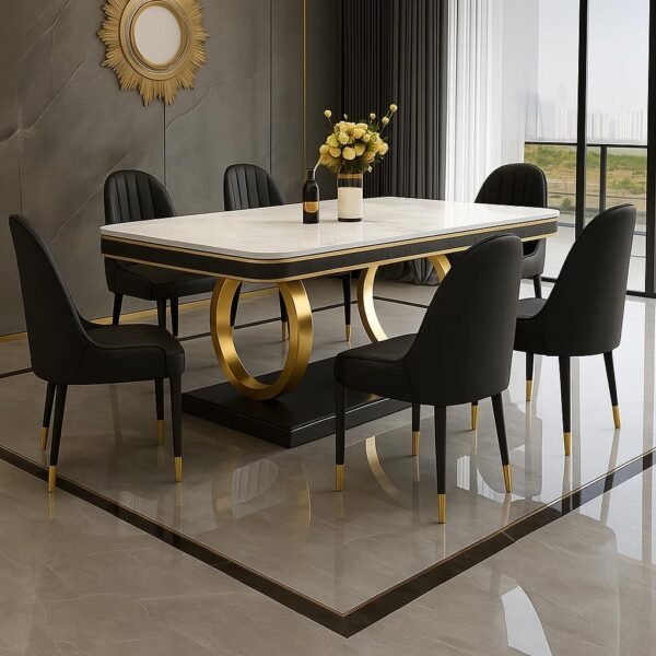 PAAM WOOD 6-Seater Dining Table with Nano Composite Marble Top and PVC Golden Wooden Base |3yr Warranty - Includes 6 Fabric Upholstered Chairs (Black, White Nano Composite Marble Top)