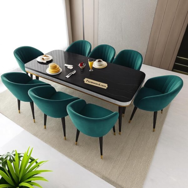 PAAM WOOD Marble Top Dining Table Set, 8 Seater,  84 x 36 x 30 Inches Black Neno Stone Top, Sheesham Wood Legs with Upholstered Chairs