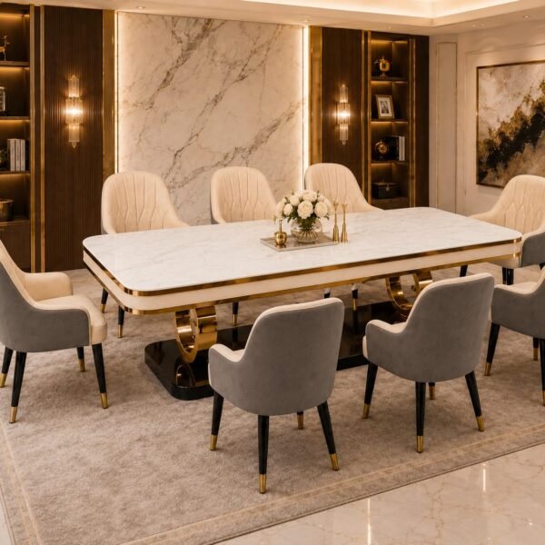 PAAM WOOD 8-Seater Dining Table with Nano Composite Marble Top and PVC Golden Wooden Base |3yr Warranty - Includes 8 Fabric Upholstered Chairs
