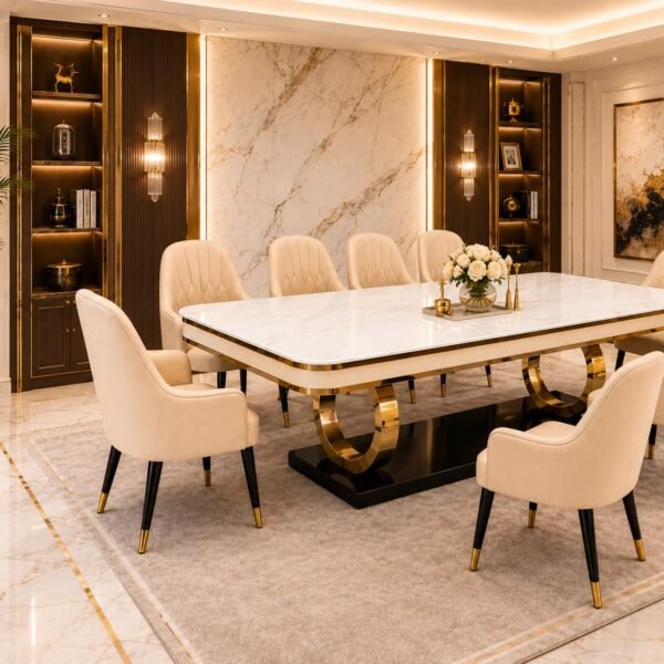 PAAM WOOD 8-Seater Dining Table with Nano Composite Marble Top and PVC Golden Wooden Base |3yr Warranty - Includes 8 Fabric Upholstered Chairs