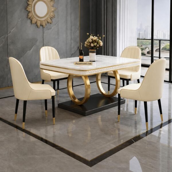 PAAM WOOD Dining Table with Nano Composite Marble Top & PVC Golden Wooden Base | Fabric Upholstered Chairs | Modern Dining Table Set for Home, Dining Room (Cream, White Marble Top, 4 Seater)