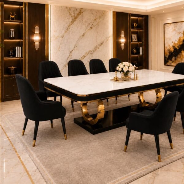 PAAM WOOD 8-Seater Dining Table with Nano Composite Marble Top and PVC Golden Wooden Base |3yr Warranty - Includes 8 Fabric Upholstered Chairs