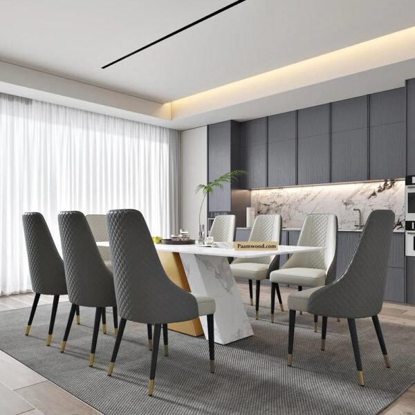 PAAM WOOD Ring Dining Table Set 4 Seater Marble Finish Dining Table Set with Gold Metal Base & Cushioned Chairs – Modern Dining Table for Home & Kitchen (54 x 36 x 30 Inch)