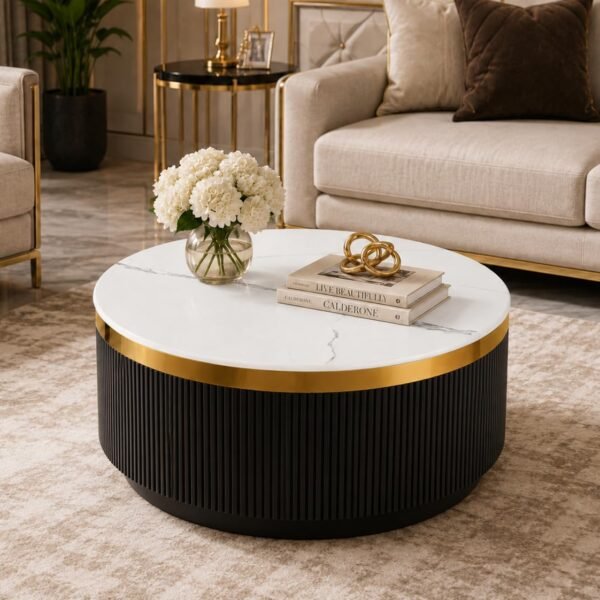 PAAM WOOD Modern Round Centre Table – 76x76x46 cm | White Marble Top with Gold Accent Strip & Charcoal Louvers | Luxury Coffee & Tea Table for Living Room, Lounge & Entryway (Black)