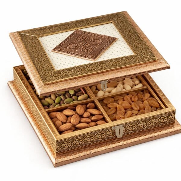PAAM WOOD Decorative Wooden Dry Fruit Box with 4 Sections, Handcrafted Aluminium Embossed Design, Square Storage Organizer, 6x6x2.5 Inches, Golden and Copper Finish.