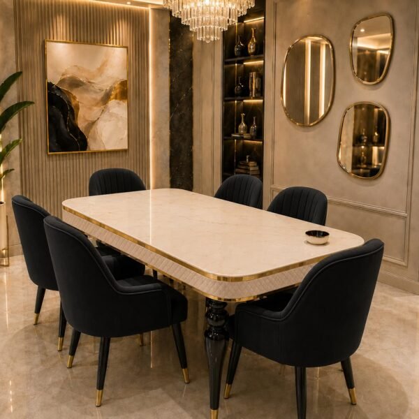 6 Seater Dining Table Set with 6 Upholstered Chairs Included, Nano Composite Marble Top, Solid Wood Base, 3 Year Warranty – Modern Dining Room Furniture