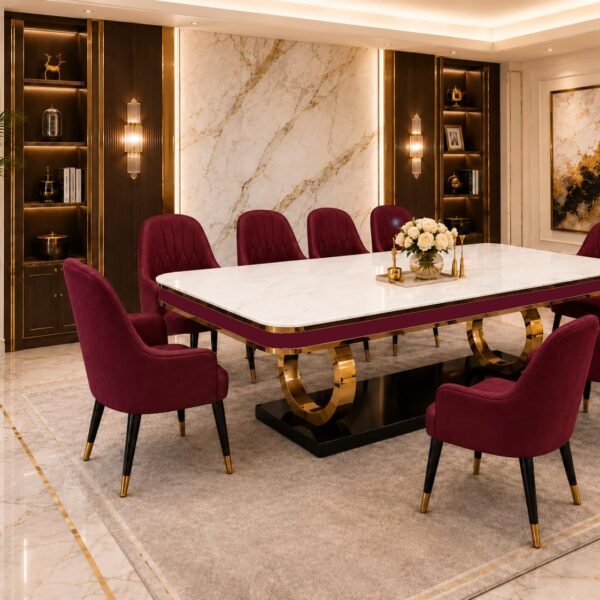 PAAM WOOD 8-Seater Dining Table with Nano Composite Marble Top and PVC Golden Wooden Base |3yr Warranty - Includes 8 Fabric Upholstered Chairs