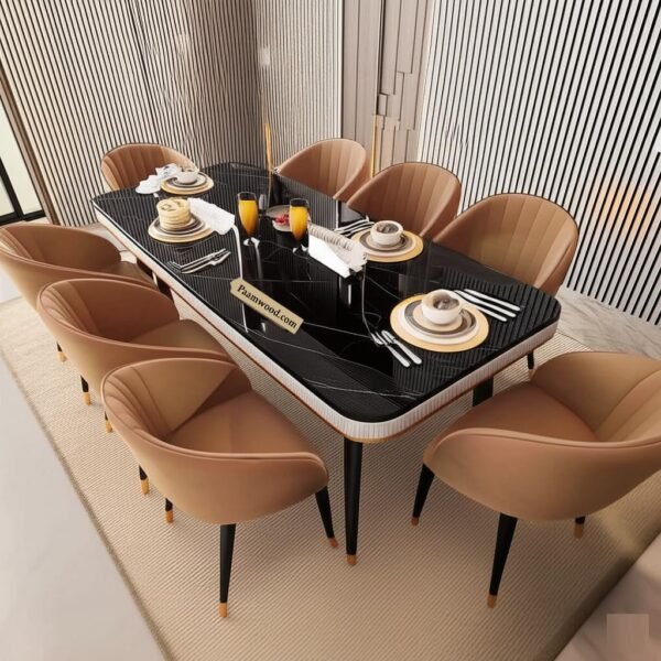 PAAM WOOD Marble Top Dining Table Set, 8 Seater,  84 x 36 x 30 Inches Black Neno Stone Top, Sheesham Wood Legs with Upholstered Chairs