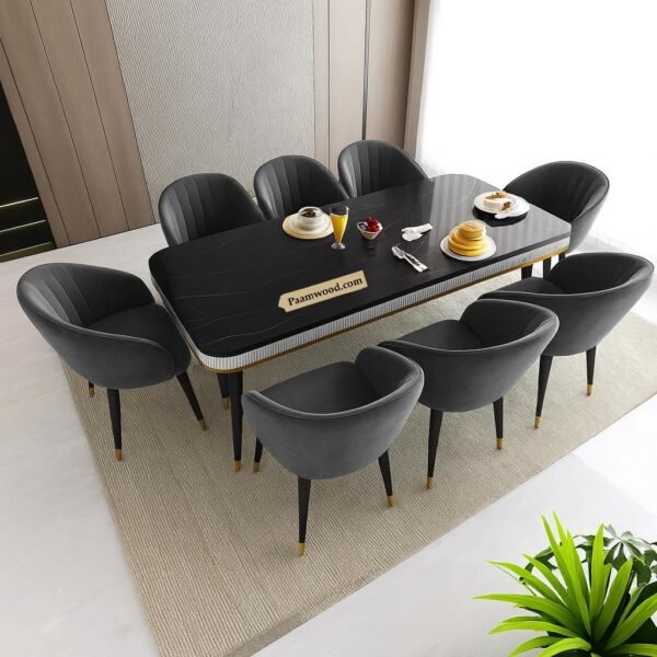 PAAM WOOD Marble Top Dining Table Set, 8 Seater,  84 x 36 x 30 Inches Black Neno Stone Top, Sheesham Wood Legs with Upholstered Chairs