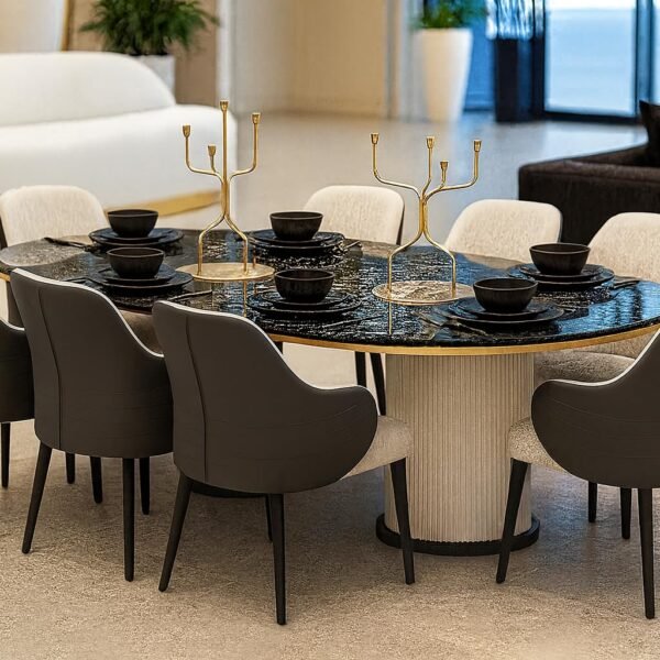 PAAM WOOD OakAura Modern Nano Composite Marble Top Dining Table, 213x91x76 cm, 8 Seater, Black Neno Stone Top with Charcoal Wood Base