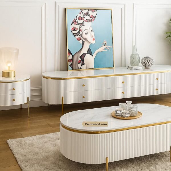 PAAM WOOD Premium Marble-Top Wooden Center Table for Living Room | Iron Legs | PVD Coating | Modern Entryway Furniture | Coffee Table - 42"X24"X18" (White)