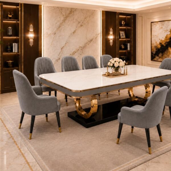 PAAM WOOD 8-Seater Dining Table with Nano Composite Marble Top and PVC Golden Wooden Base |3yr Warranty - Includes 8 Fabric Upholstered Chairs