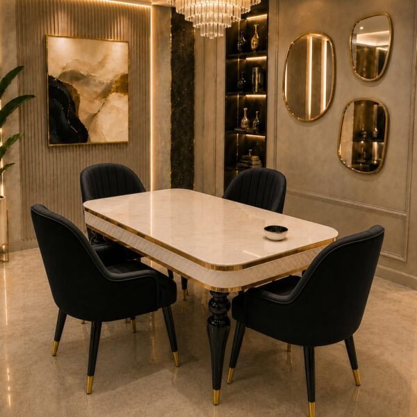 4 Seater Dining Table Set with Nano Composite Marble Top, Solid Wood Base & 4 Upholstered Chairs, Modern Dining Table Set for Home & Dining Room Furniture (White Marble Top, 4 Seater)