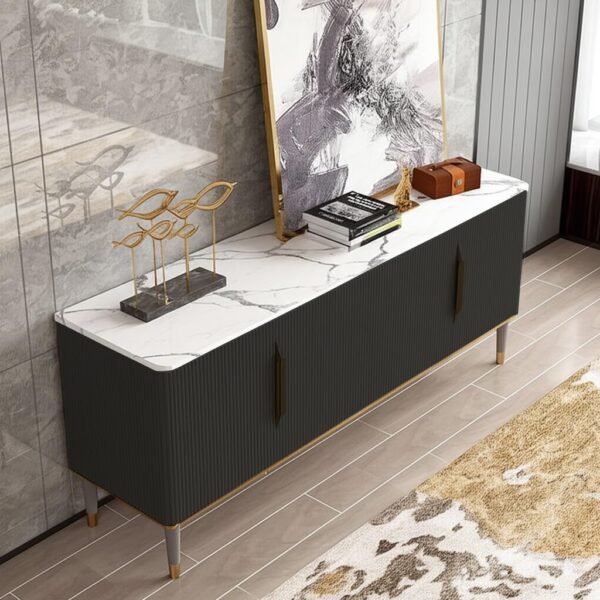 PAAM WOOD Sonic Console Table, White Marble Top, Charcoal Louvers, Gold Accents, 66 x 15 x 22 Inch, Modern Entryway Storage Cabinet, Waterproof Plywood, PVD-Coated Legs, Elegant TV Unit