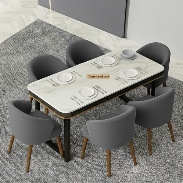PAAM WOOD Premium Nano Composite Marble Top Dining Table Set | 6-Seater Luxury Dining Table with Sheesham Wood Chairs | Modern Marble Finish, Durable MS Base | Dining Room Furniture for Home
