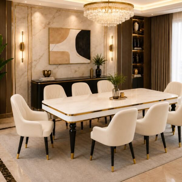 8 Seater Dining Table Set with Nano Composite Marble Top, Solid Wood Base & 8 Upholstered Chairs, Modern Dining Table Set for Home & Dining Room Furniture