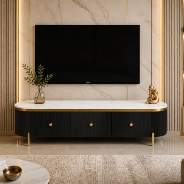 Mazzo White Marble TV Unit Console | 70"x15"x18" | Golden Legs & Charcoal Louvers | Storage Drawers | Modern TV Stand Console Unit White Marble Top with Gold Accents, Storage