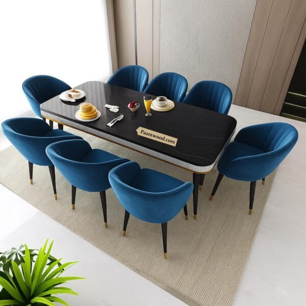 PAAM WOOD Marble Top Dining Table Set, 8 Seater,  84 x 36 x 30 Inches Black Neno Stone Top, Sheesham Wood Legs with Upholstered Chairs