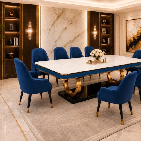 PAAM WOOD 8-Seater Dining Table with Nano Composite Marble Top and PVC Golden Wooden Base |3yr Warranty - Includes 8 Fabric Upholstered Chairs