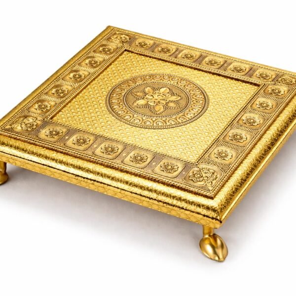 PAAM WOOD Wooden Minakari Pooja Chowki, Golden Decorative Bajot with Flower Design, 8x8x2.5 Inch, for Home Temple, Wedding, Festivals | Mandir Bajot for God