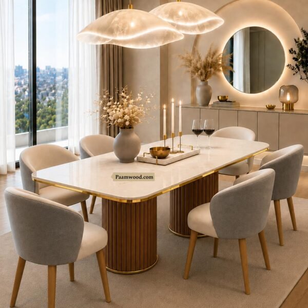 PAAM WOOD 6 Seater Dining Table and Chair with Nano Composite Marble Top and Golden Strip Set | 72 x 36 x 30 Inch Solid Wood Base with Swed Fabric Finish Dining Furniture for Home