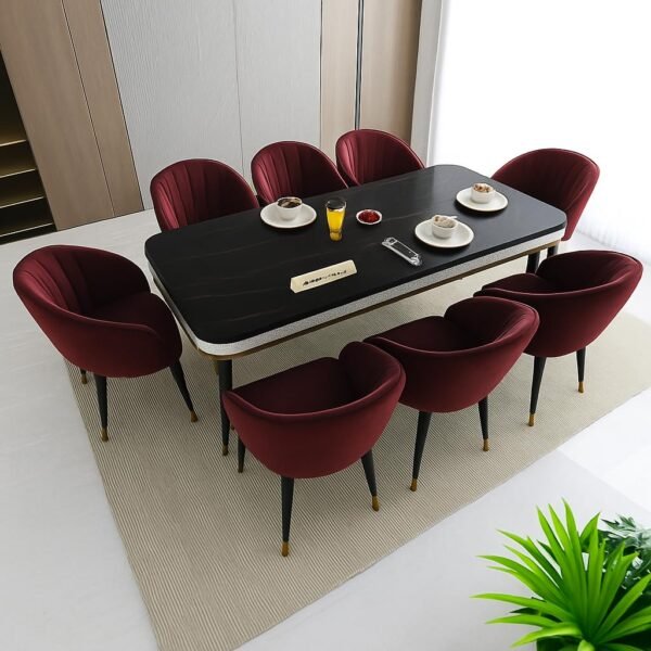 PAAM WOOD Marble Top Dining Table Set, 8 Seater,  84 x 36 x 30 Inches Black Neno Stone Top, Sheesham Wood Legs with Upholstered Chairs