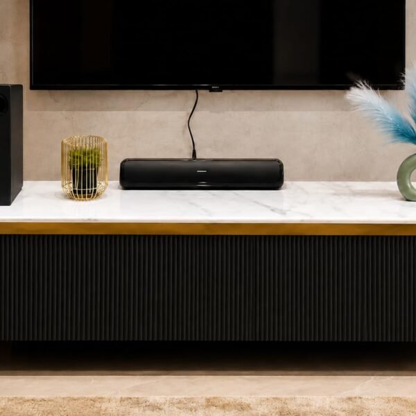 PAAM WOOD Mazzo Modern TV Unit/Console – 70"x12"x18" White Marble Top with Golden Acrylic, Waterproof Plywood & Charcoal Louvers – Media Cabinet | Modern TV Stand Console Without Storage