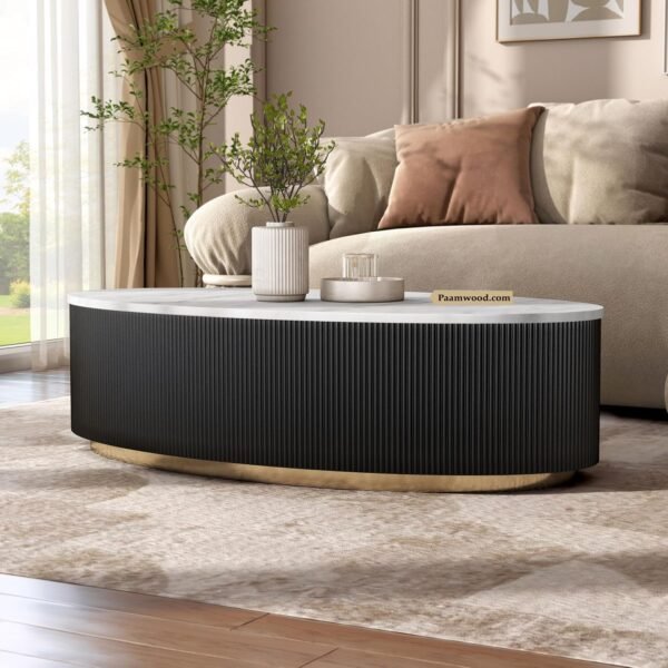 PAAM WOOD Luxury Oval Black Coffee Table with Nano Composite Marble-Look Top & Gold Base, Waterproof Plywood, Contemporary Center Table with Ribbed Fluted Design for Living Room & Home Decor