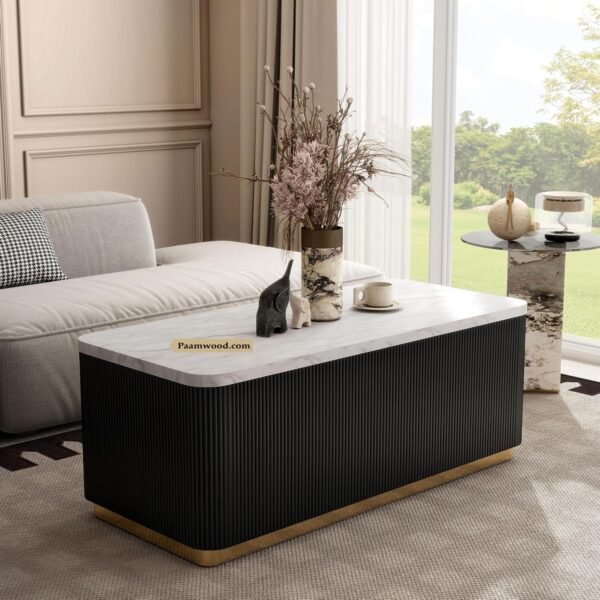 PAAM WOOD Luxury Rectangle Black Coffee Table with Nano Composite Marble-Look Top & Gold Base, Waterproof Plywood, Contemporary Center Table with Ribbed Fluted Design for Living Room & Home Decor