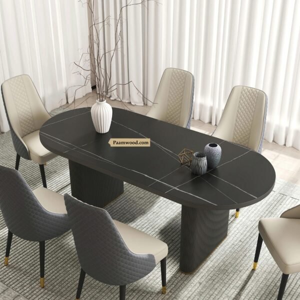 PAAM WOOD Luxury 6-Seater Nano Composite Marble Top Dining Table – 72"x36"x30" | Black Neno Stone with Charcoal Louver Solid Wood Base & Brass Accents | Modern Elegant Dining Room Furniture